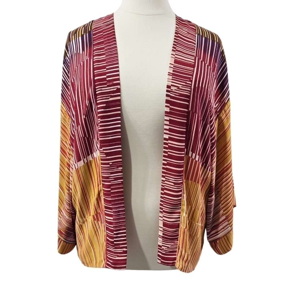 Cabi 247 Yellow Red Abstract Geometric Open Front Kimono Top Lined Colorful